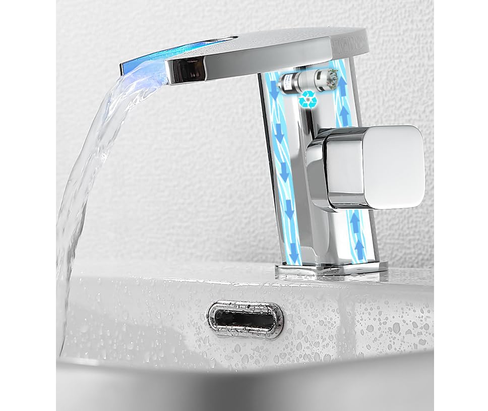Grifo cascada inteligente para un baño moderno con luces LED cromado blanco 7