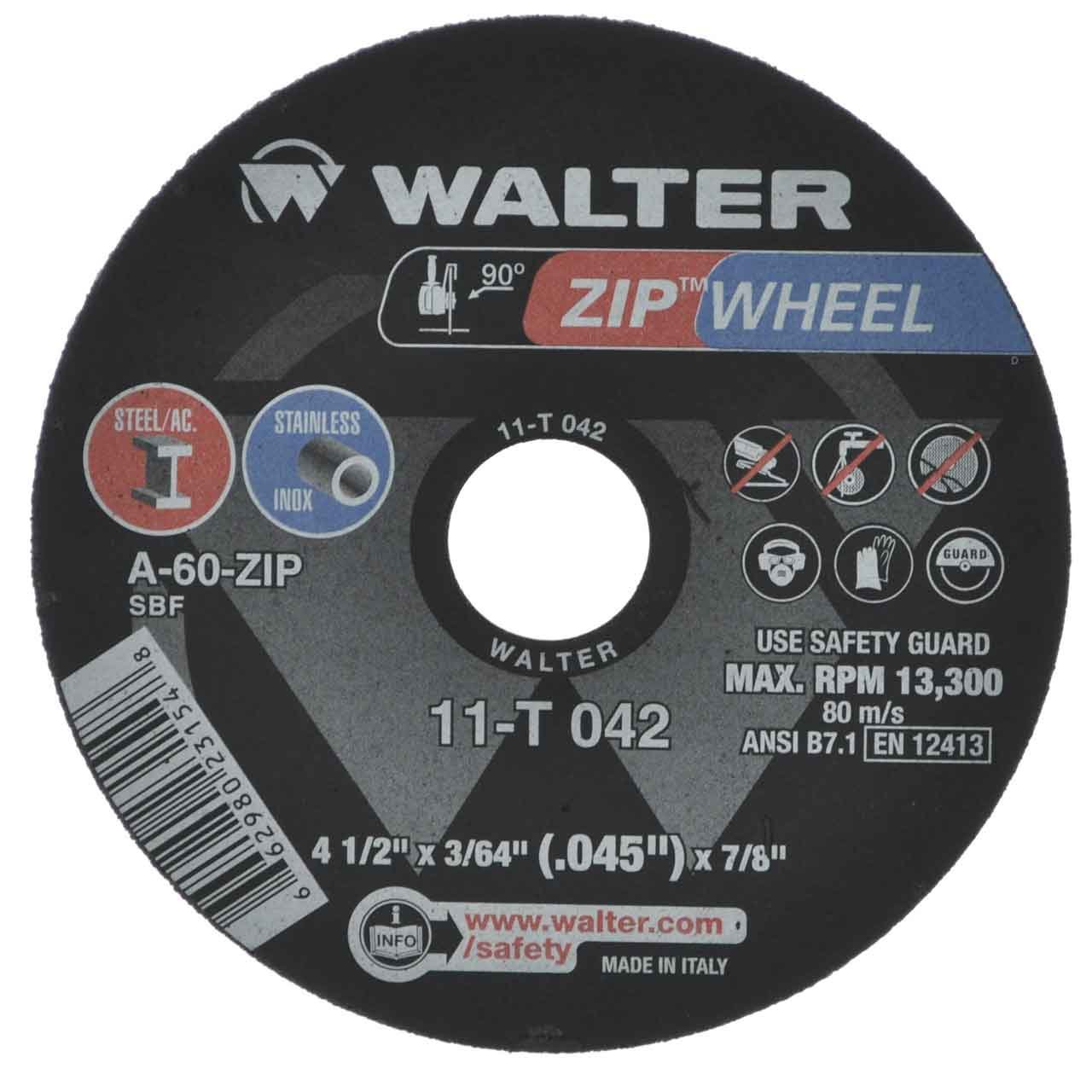 Walter Surface Technologies 11T042 ZIPCUT 4.5X3/64X7/8'' T1 CUT-OFF WHEEL, 25 Pack