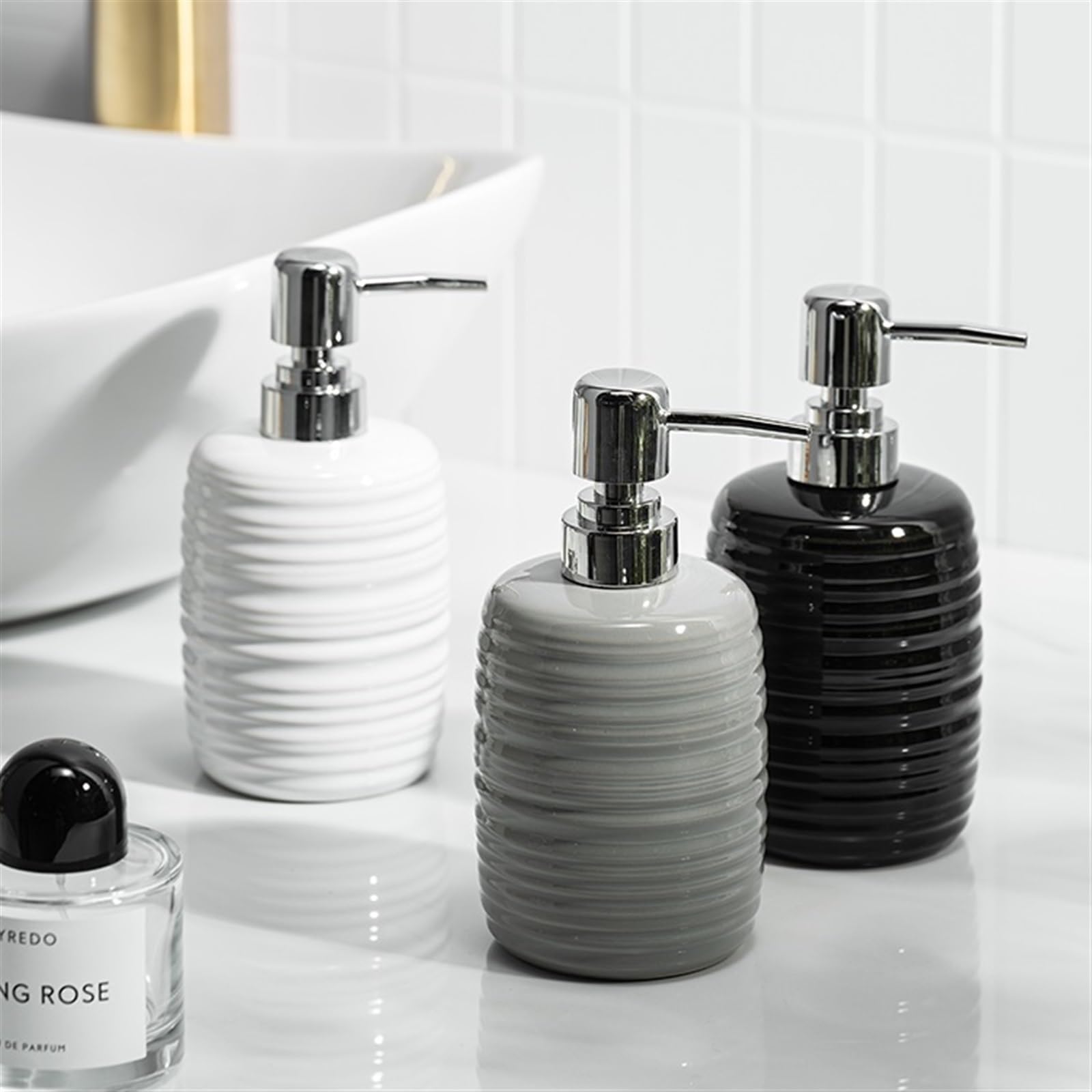 Distributore di Sapone Rotondo da 410 ml con Decorazione a Strisce e Pompa per Bagno, Cucina, Piatti, detersivo