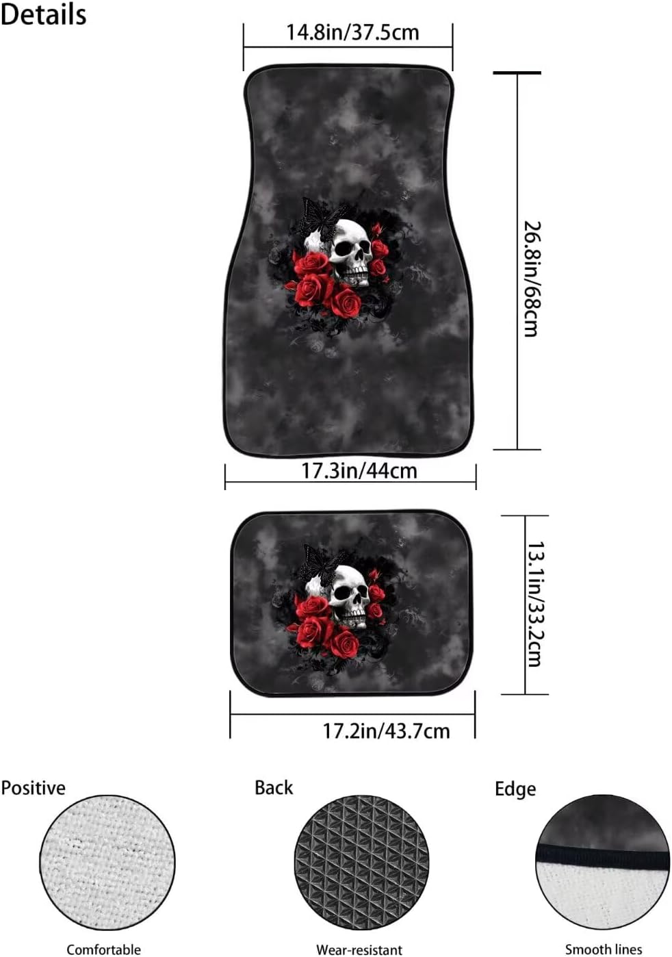 Car Floor Mats Full Set Non Slip Carpet Mats Set of 4 Universal Fit Car Truck Sedan Van SUV Floor Cushion Pad（Terrifying Gothic Skull Rose） - Image 6