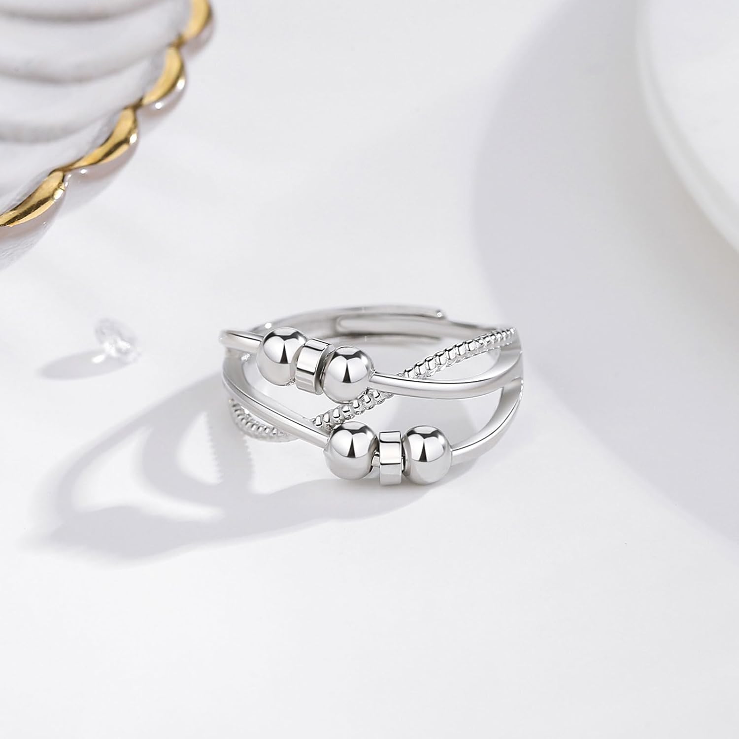 Vito 925 Sterling Silver Fidget Anxiety Ring for Women, Adjustable Open Spinner Ring Stress Relief Ring Stacking Band Anillos Jewelry Gift for Mom Daughter