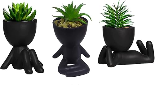 3 plantas artificiales en maceta con modernas macetas de forma humana, mini plantas suculentas realistas para escritorio, estante, oficina, sala de