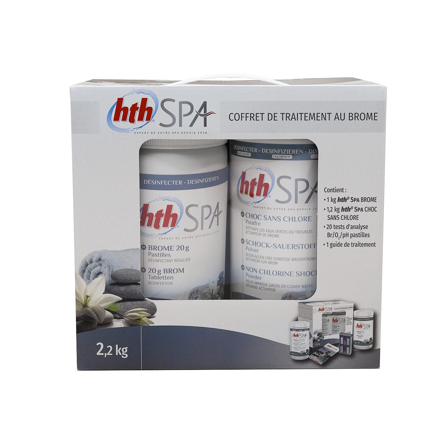 HTH Spa Petit Coffret DE Traitement AU Brome - 2,2kg | Kit Traitement et Entretien Essentiel - Désinfection Régulière et Choc sans Chlore + 10 Tests HPS OFFERTS 6 en 1