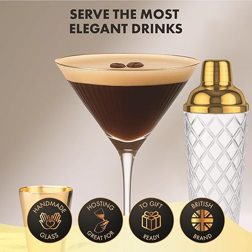 Miniatura 3 de Vemacity Juego de herramientas de barra de lujo  Coctelera de vidrio de 16 onzas + 2 vasos de Martini acanalados y accesorios de cóctel dorados