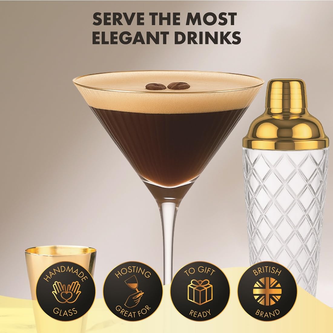 Vemacity Glass Cocktail Making Kit + 2 Ribbed Martini Glasses with Gold Rims - Image 4