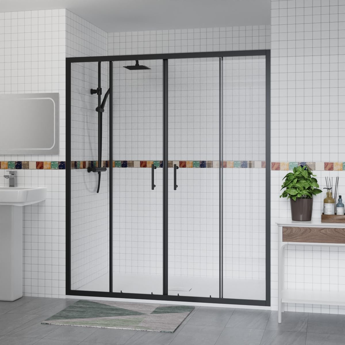 Aquariss 1600x700mm Sliding Shower Enclosure Black with Shower Tray
