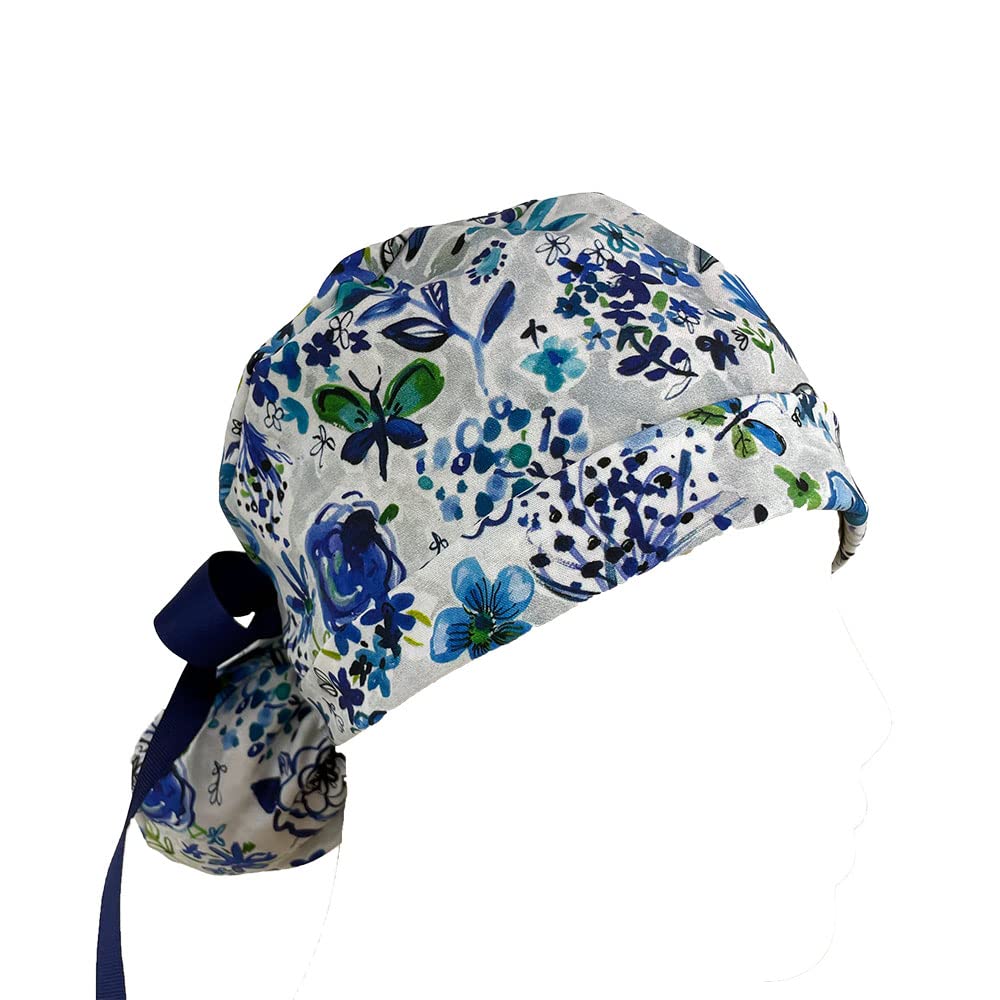 Turn Up Ponytail Medical Scrub Cap – Meadow Flowers. - Bouffant Scrub Hats, Unisex Surgical Caps, Dr. Hats, Nurses Hats. Scrub Hat for Women & Men tie Back | Working Cap with Holder
