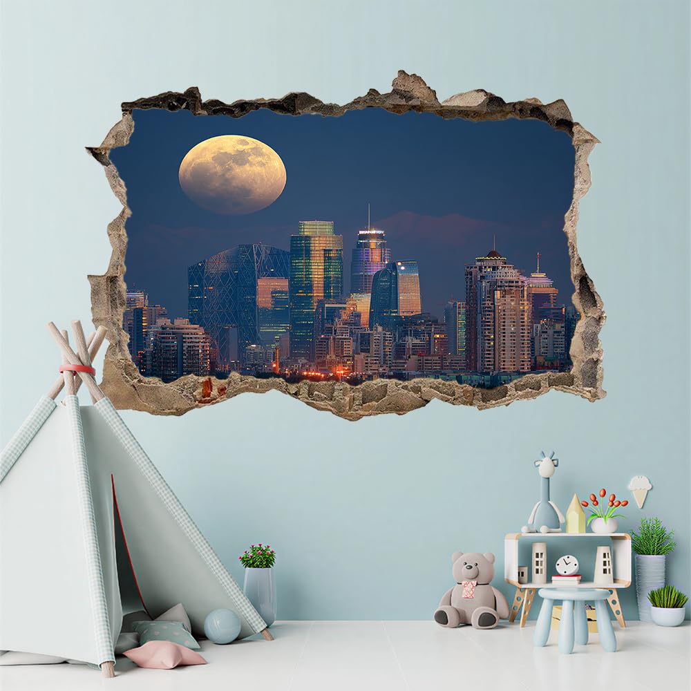 3D Wandtattoo Wanddurchbruch, Stadtsilhouette Durchbruch Wandaufkleber für Kinderzimmer, sticker für Wohnzimmer, Mond Wandsticker, Wandbild Junge Mädchen Schlafzimmer