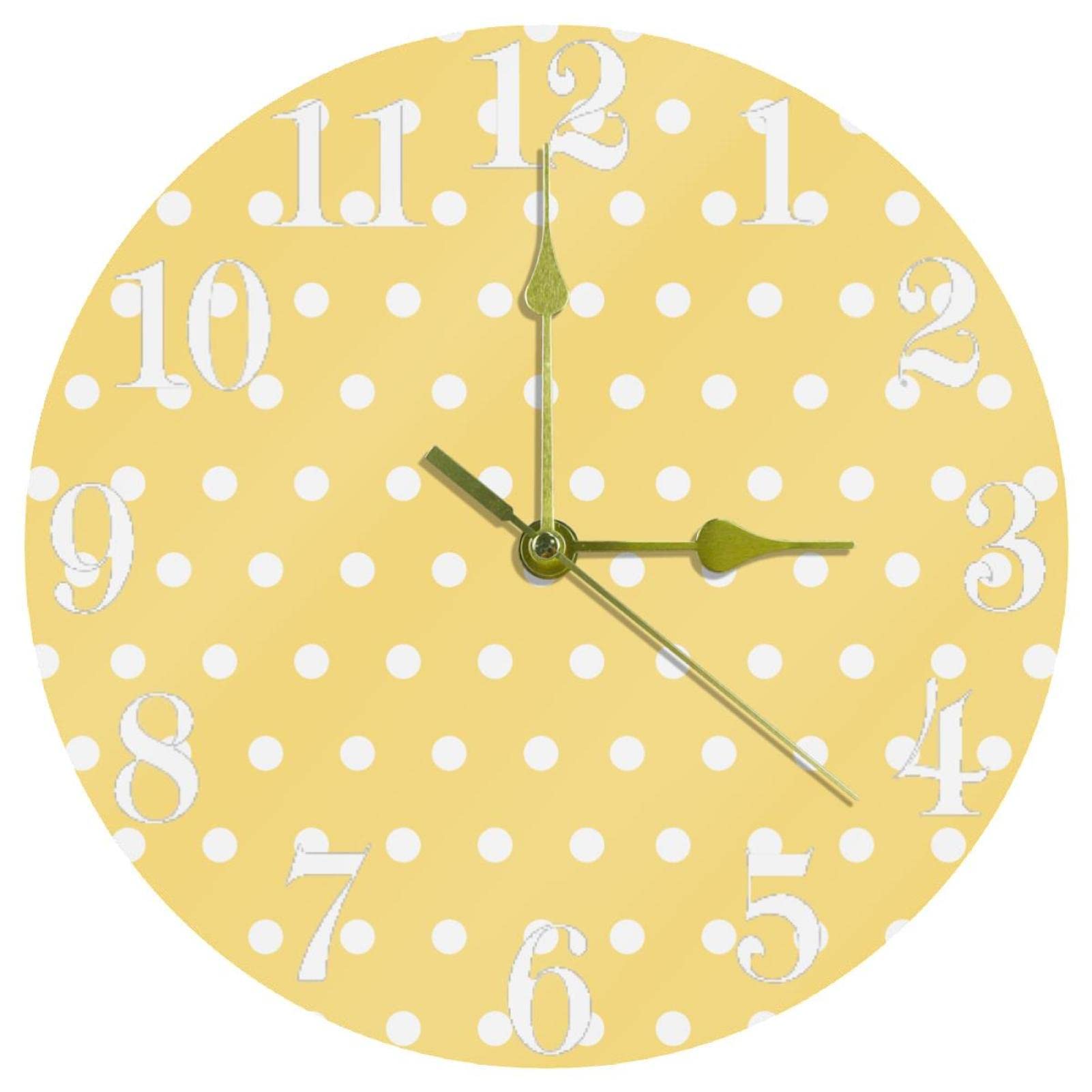 Horloge murale sans tic-tac jaune à pois blancs 25,4 cm pour chambre et école