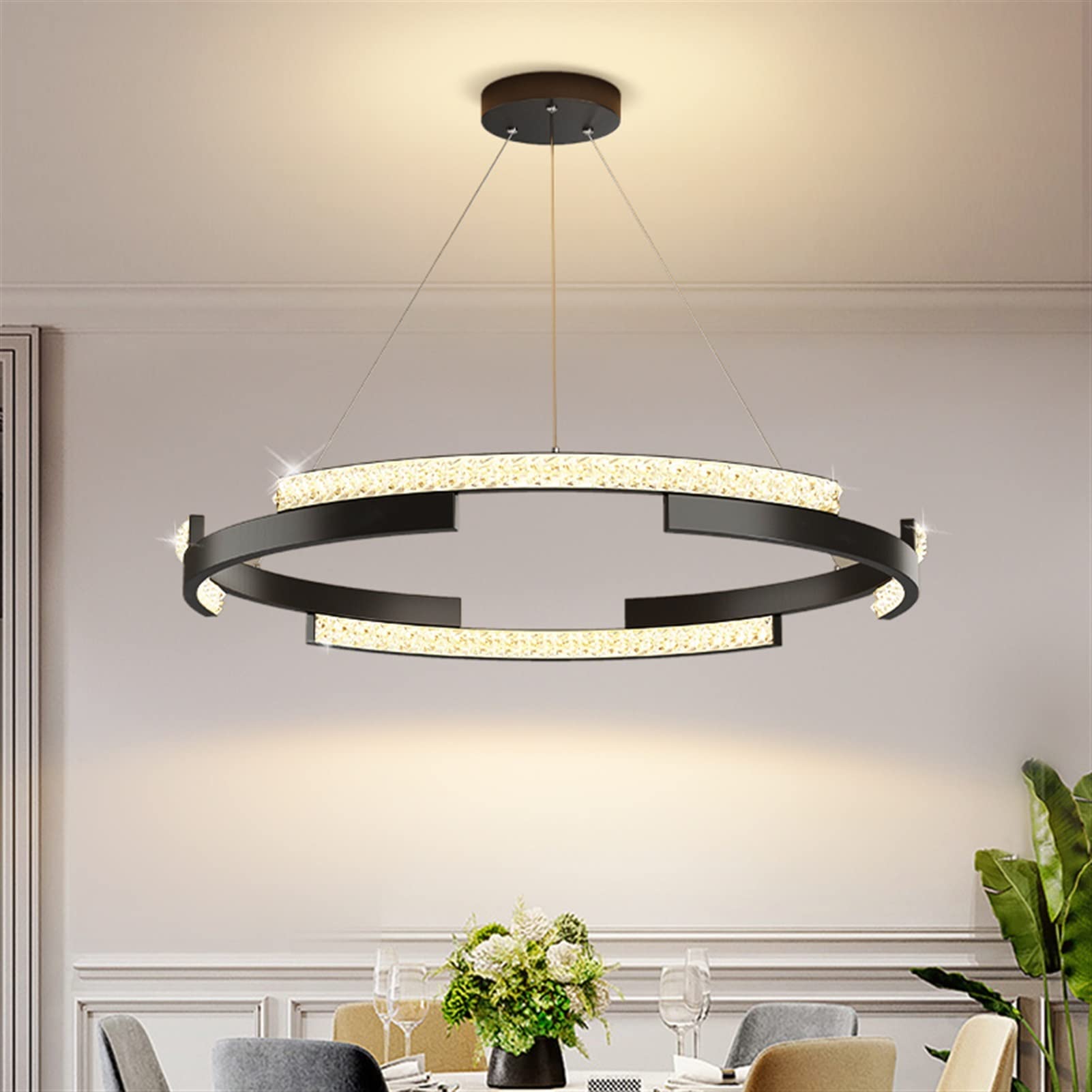 Lampe suspendue LED 50cm noire en forme d'anneau avec télécommande