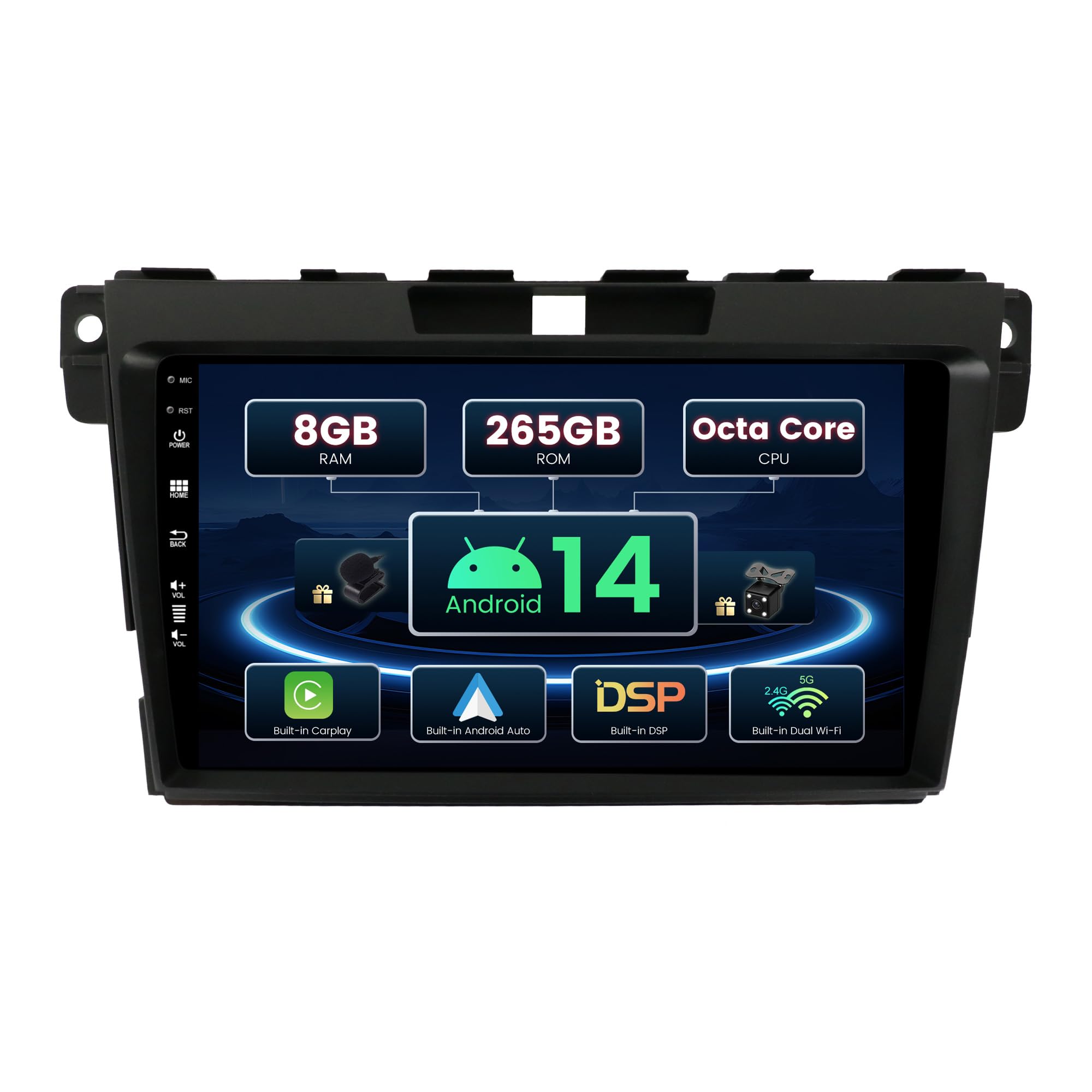 Autoradio 2 DIN YUNTX Pour Mazda CX-7 (2008-2014) - Android 14, 9'' IPS 2.5D, 6+128GB, CarPlay, GPS, Caméra