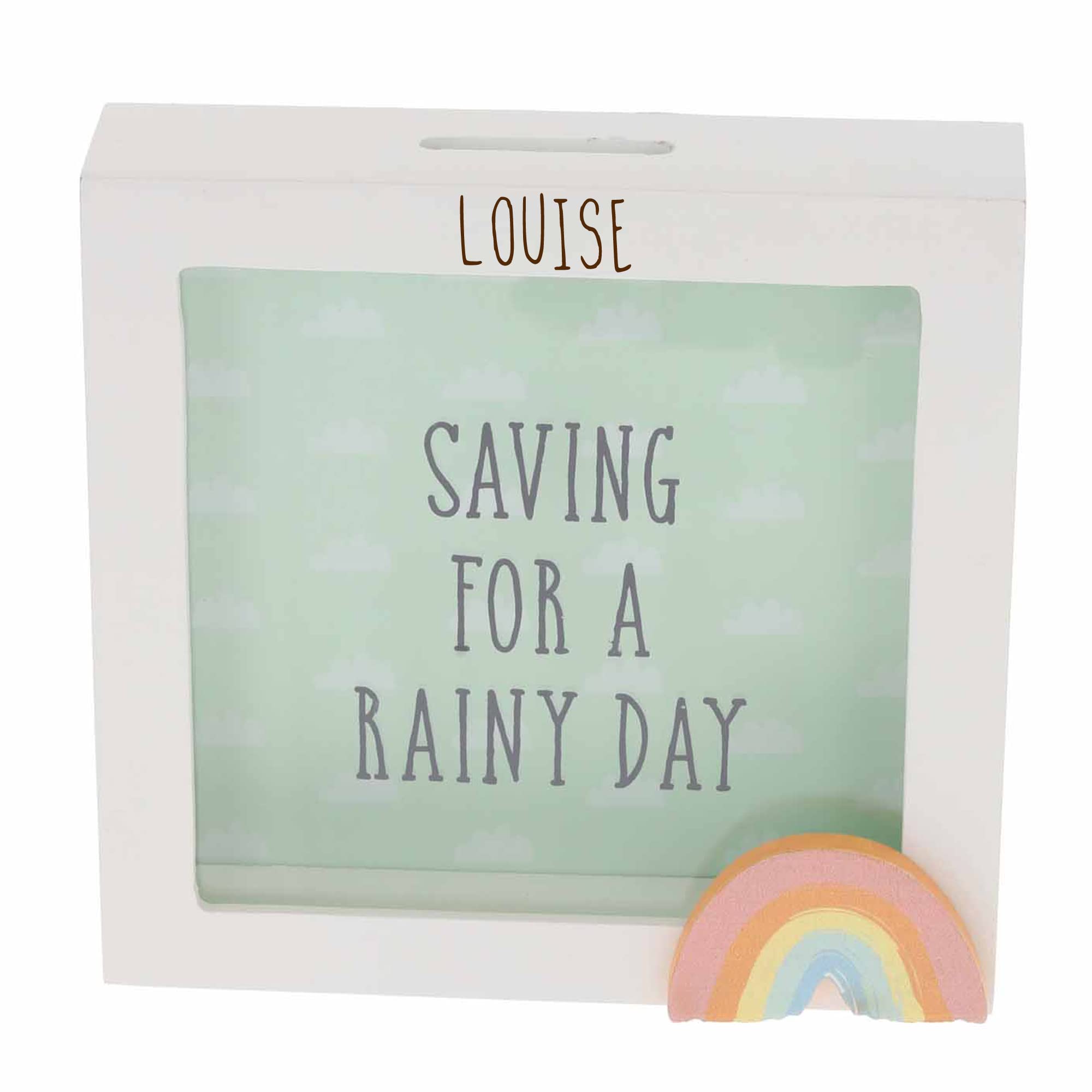Personalised Babies First Money Box Wooden Engraved Money Box Frame Saving For A Rainy Day Cream Rainbow Savings Bank for Babies Newborn Gift Kids Piggy Bank for Babies