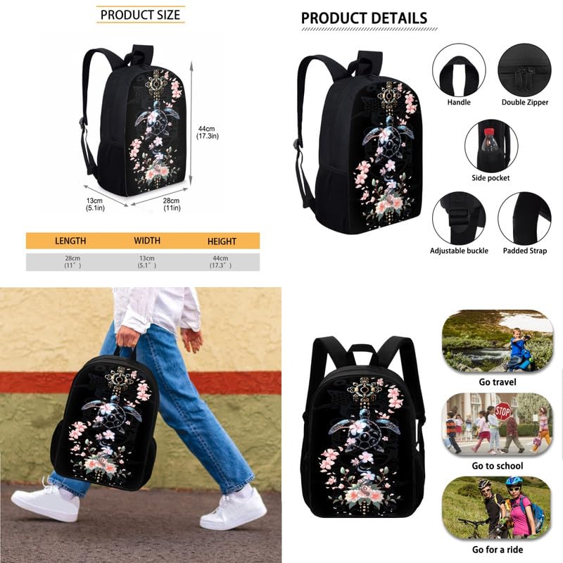 Cartoon Sea Turtle Pink Floral 3 Pcs Shoulder Lunch Bag and Pen Case Bag Set Tribal Ocean Animal Cherry Blossom Travel Backpack 17 Inch Student Backpack Bookbags Set, Black2