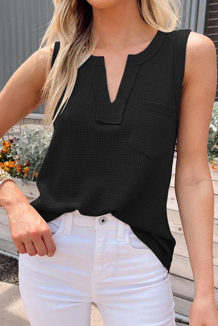 Zilcon Woman Fashion Waffle Summer Winter Tops for Woman Deep V Neck Sleeveless Tops Womens Casual Tops (in, Alpha, XL, Regular, Black) 3