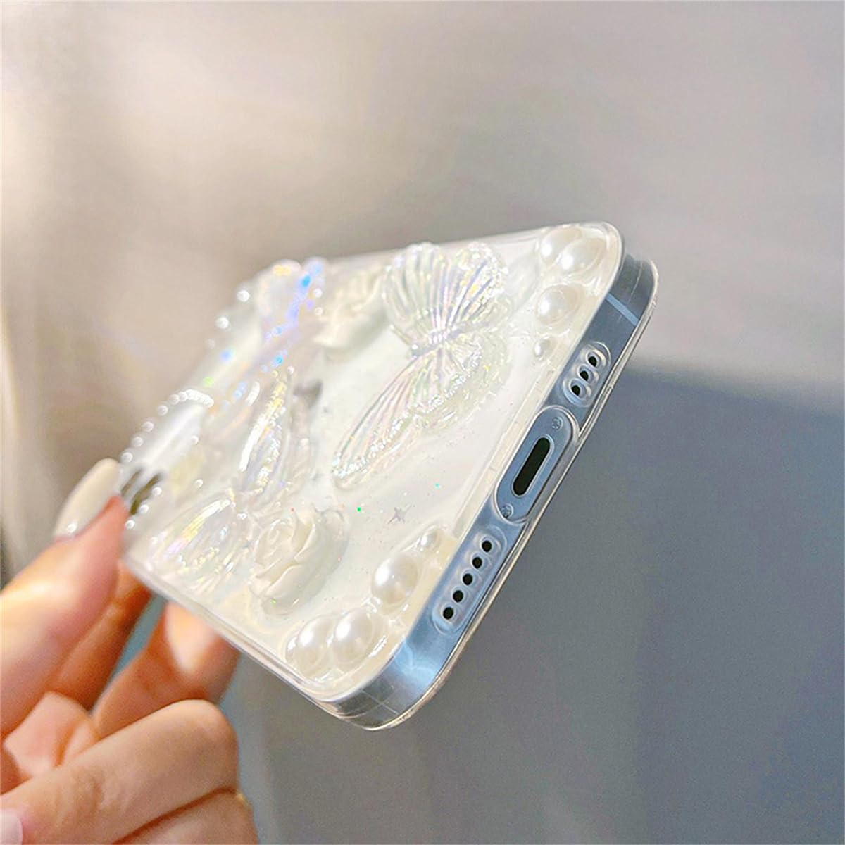 Glitter Cover Per IPhone 16 Pro Con Cordino – Custodia Con Laccio A Collana, Motivi Farfalla E Onde, Silicone Trasparente Antiurto, Bianco