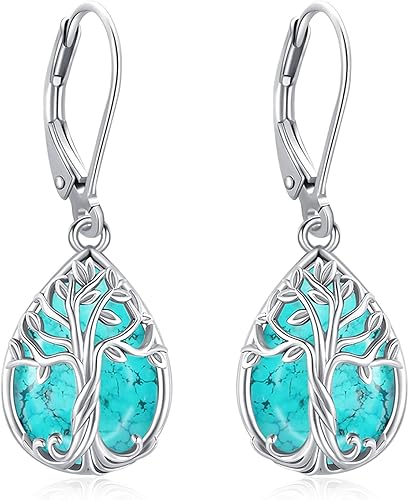 Eusense Aretes colgantes de piedra lunar turquesa con piedra natal para mujer, plata de ley con forma de pera, árbol de la vida, animales, joyería