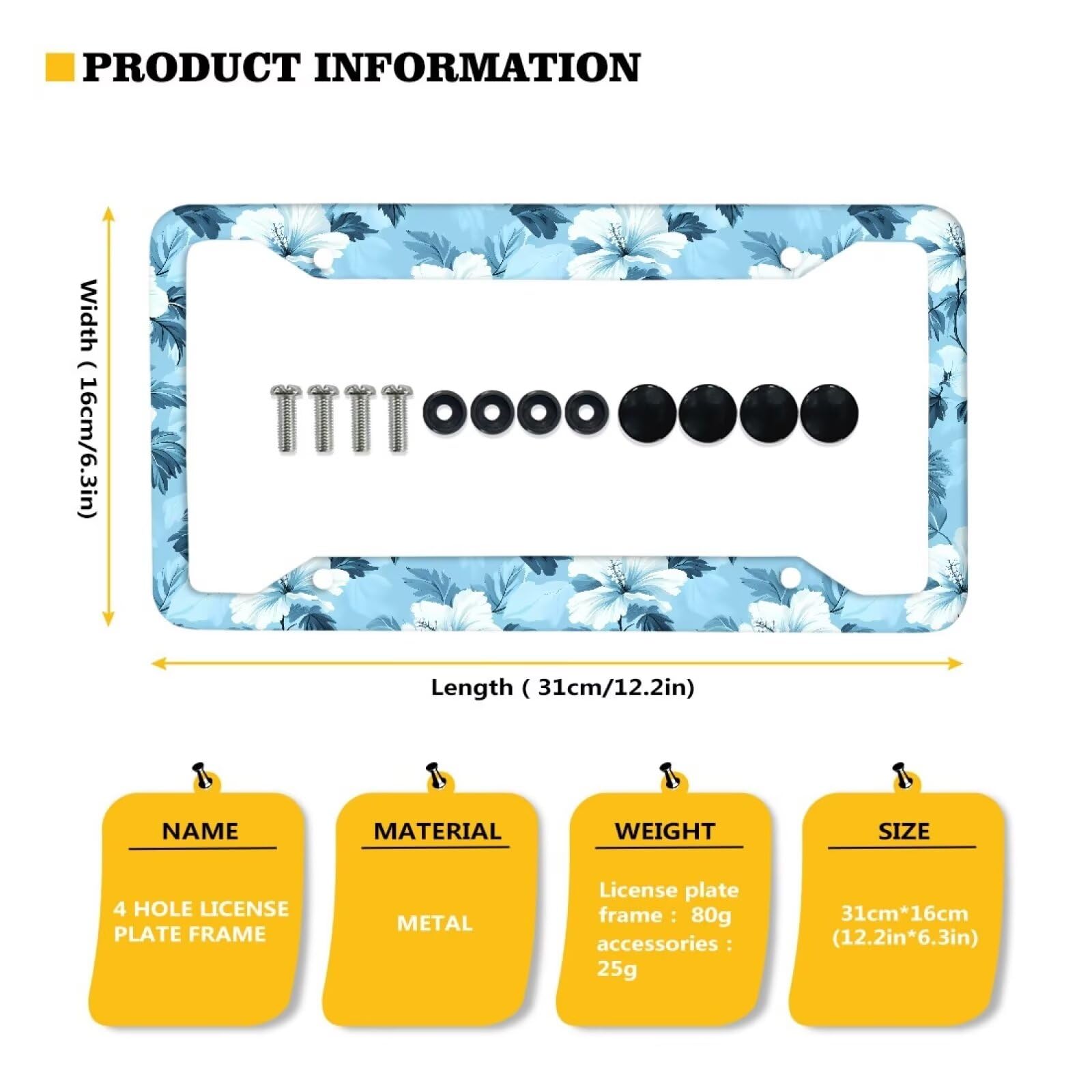 KEIAHUAN Blue Hubiscus Flowers License Plate Frames Stainless Steel Car Licence Plate Covers with Screws Car Number Plate Frames Universal License Plate Cover Fits All Standard Plates