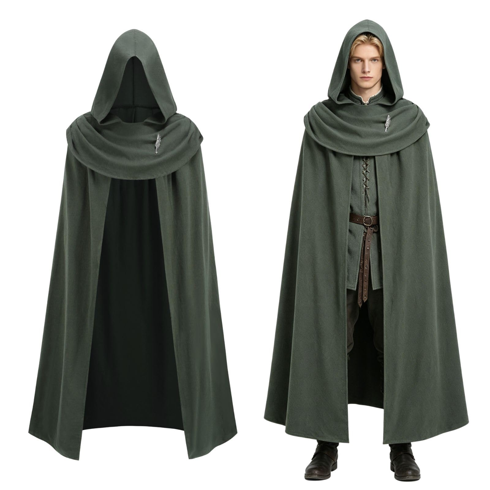maxToonrain Adult Medieval Cloak with Hood Renaissance Cloak Halloween World Book Day Costumes for Men and Women (Green,130cm)