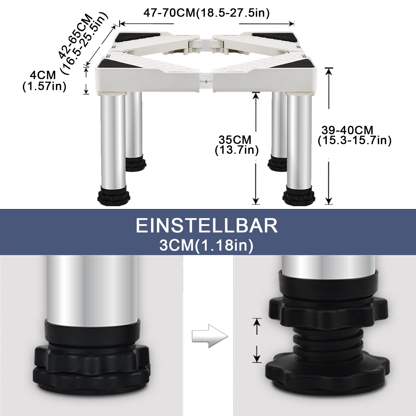 Sockel für Kühlschrank, Sockelhöhe 39-41 cm, Verstellbarer Sockel für Geschirrspüler, Gefrierschrank, Küchenschrank und stationäre Haushaltsgeräte (verstellbar 47-70 cm) (Höhe 39 cm)