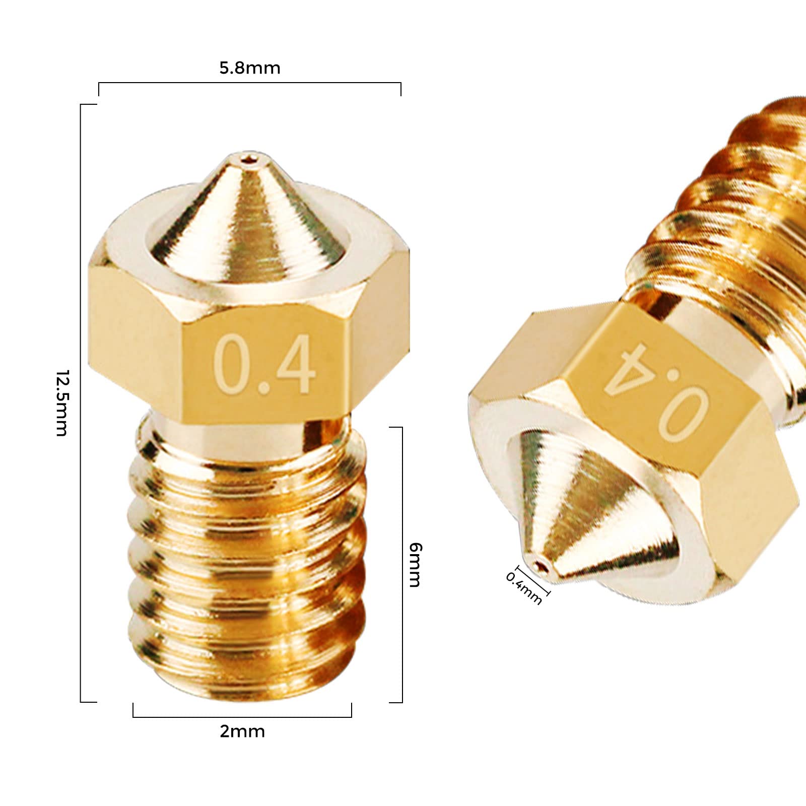 Buses Imprimante 3D Laiton Nickelé 0,4 Mm Filetage M6 - Lot De 2 - Compatible V6, Prusa I3, Anycubic