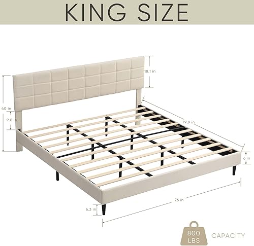 Miniatura 3 de TMEOSK Base de cama de plataforma tamaño Queen con cabecera tapizada de tela y listones de madera no necesita somier fácil montaje para niños niñas