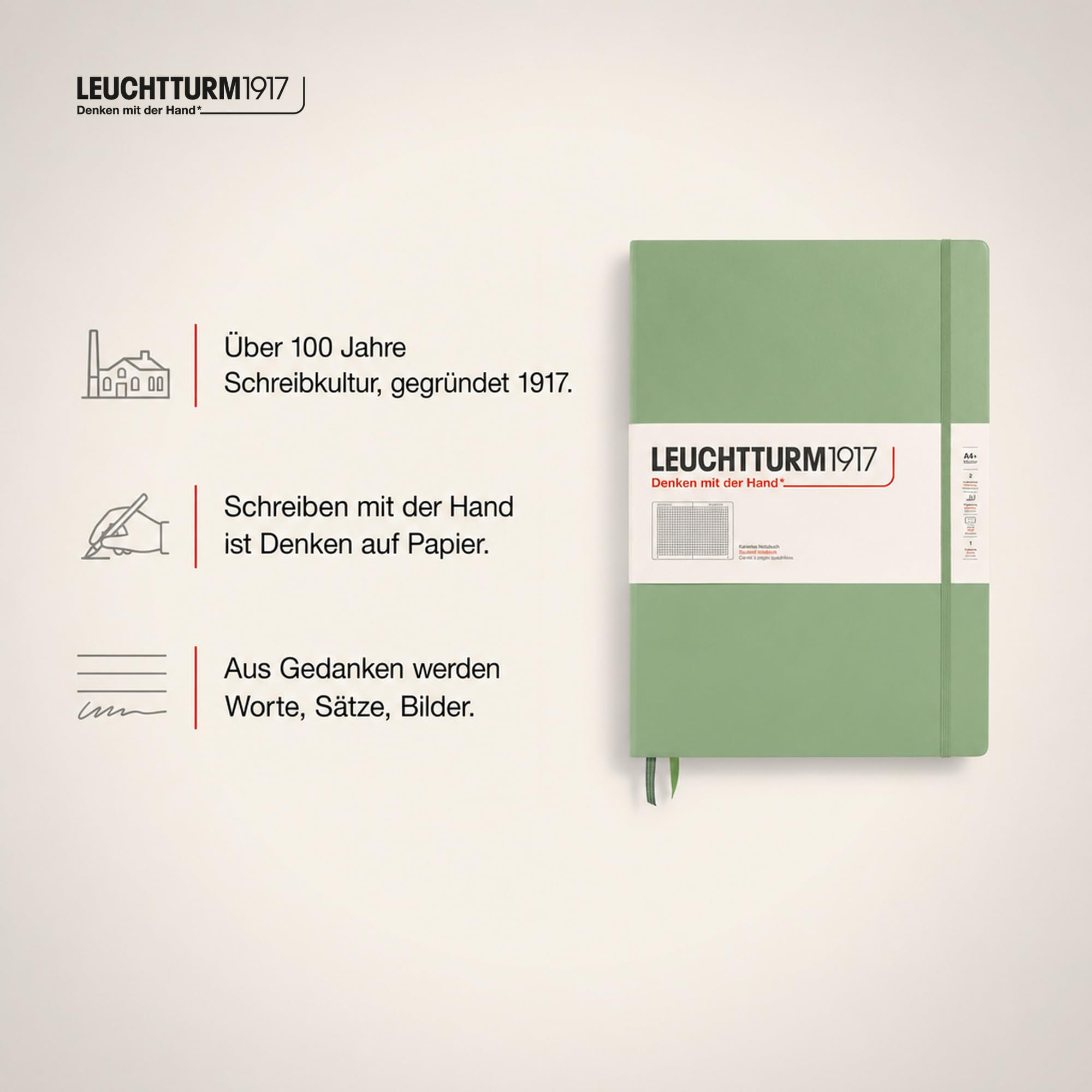 LEUCHTTURM1917 370262 Taccuini Master Classic A4+ Copertina rigida, 235 pagine numerate, Sage, Quadretti