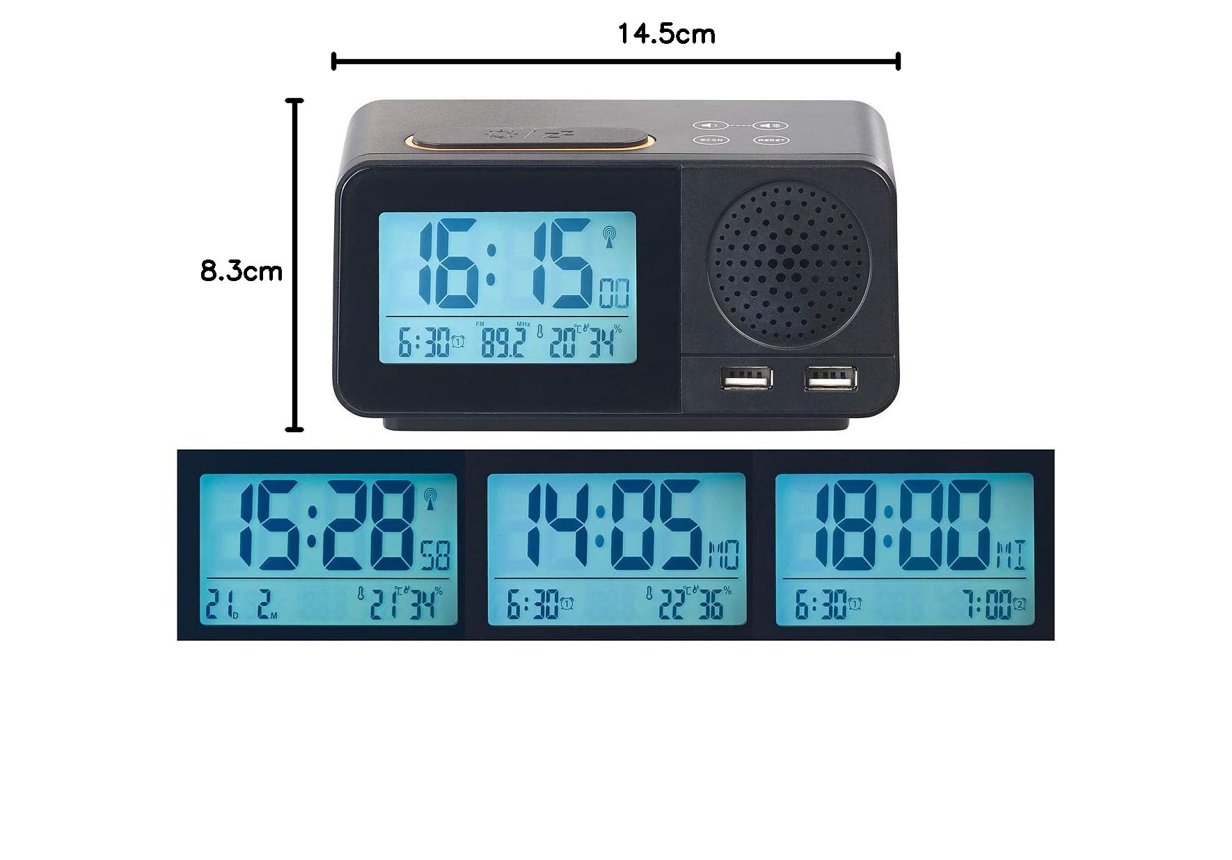 auvisio Funkradiowecker: Funk-Radiowecker mit 2 Weckzeiten, Hygro- & Thermometer, 2X USB, 2 A (Funk Radiowecker mit Netzteil, Radiofunkwecker, Alarm)