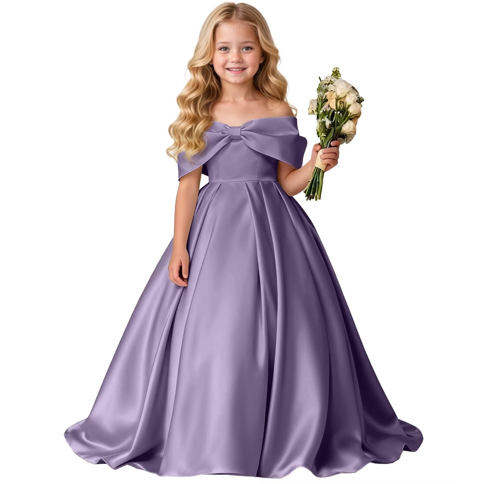 Vestido NiñA Elegantes, Vestido NiñA Ceremonia Lunares, Vestidos De Fiesta Largo hasta El Suelo Color Liso con Hombros Descubiertos Y Un Gran Lazo Mayores Dresses Summer Dress Dress Vestidos Verano