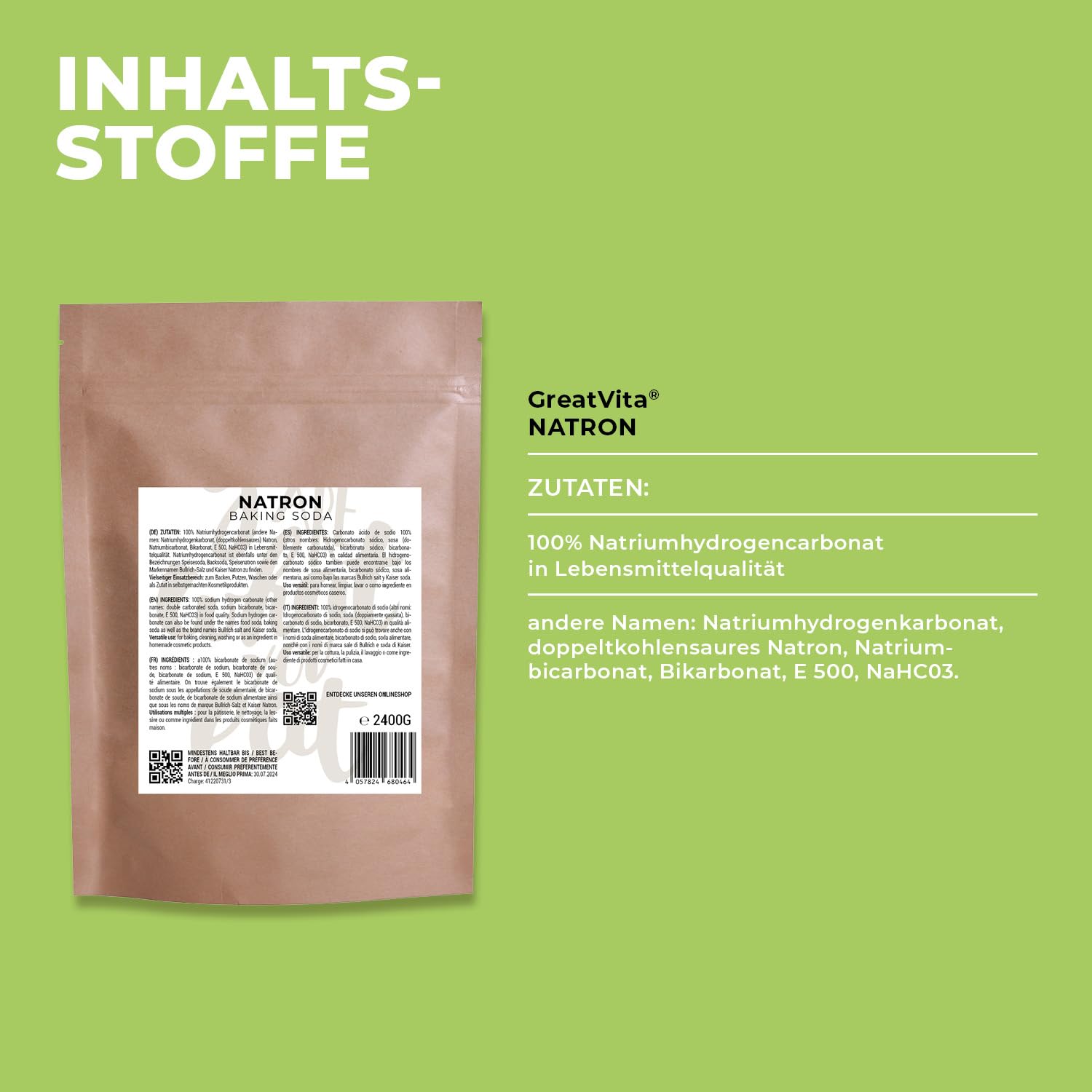 GreatVita Natron Pulver 4.5kg Lebensmittelqualität E500ii - Backpulver Großpackung Natriumhydrogencarbonat - Baking Soda Haushaltsreiniger zum Putzen Backen Umweltfreundlich