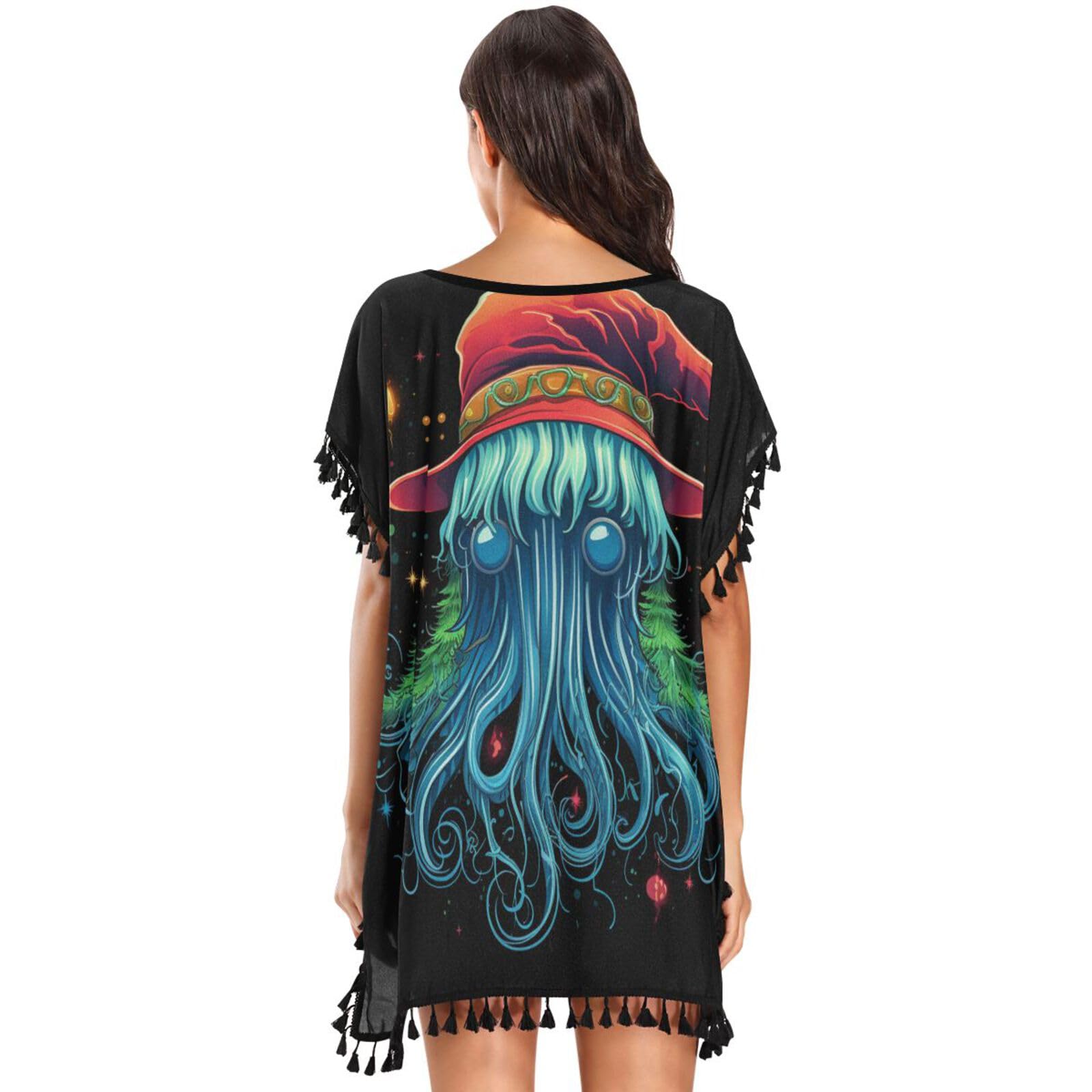 Christmas Art Sea Jellyfish Women's Beach Cover Up Chiffon Tassel Swimwear Swimsuit Coverups for Girl