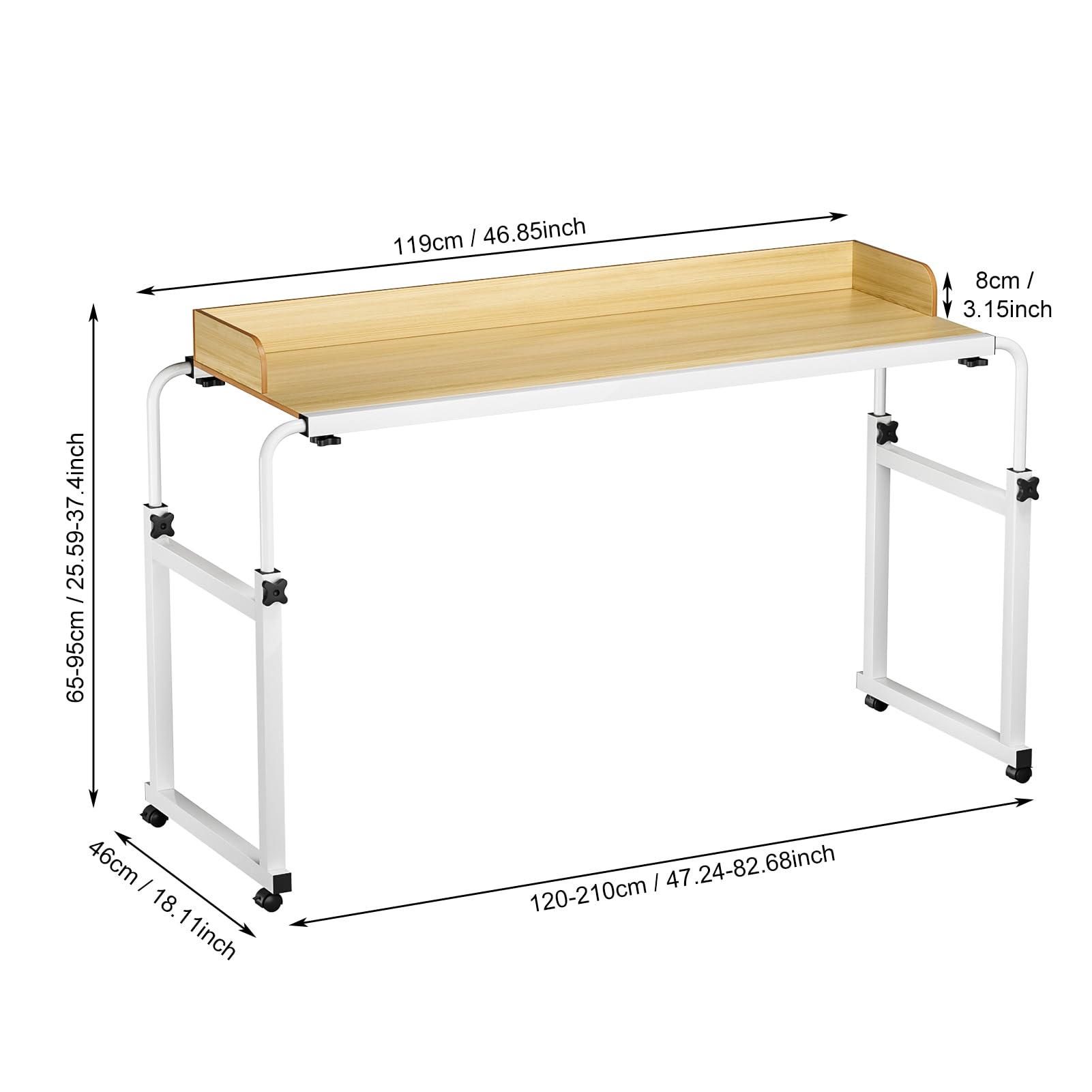 Tavolo da letto con ruote, regolabile in altezza, scrivania sopra il letto con deflettore rialzato King Queen Bed Table on Wheels Overbed Laptop Table per casa, ufficio, camera da letto,