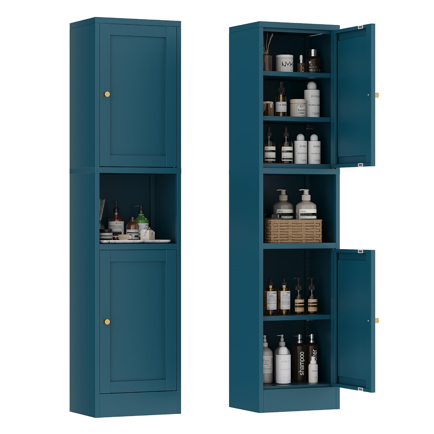 67" Tall Narrow Storage Cabinet with Doors and Open Shelf,Metal Pantry Cabinet,Shaker Style Slim Cabinet with Adjustable Shelves,for Bathroom Kitchen Laundry Small Spaces,Blue, 1Pc