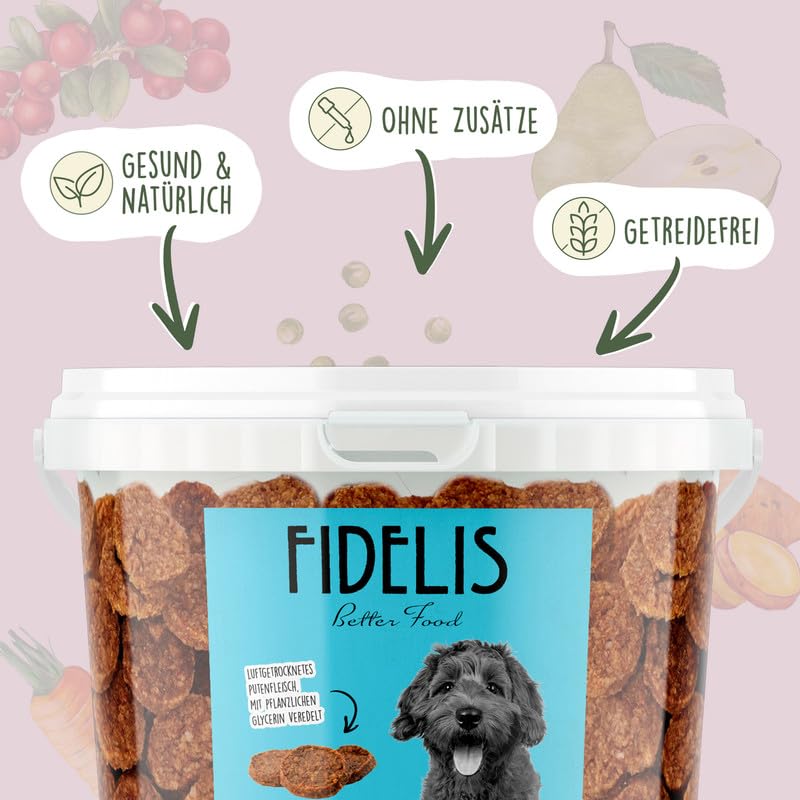 Fidelis – Putenburger für Hunde im wiederverschließbarem 1kg-Eimer - Luftgetrocknete Hunde Leckerlis aus 100% natürlichen Rohstoffen