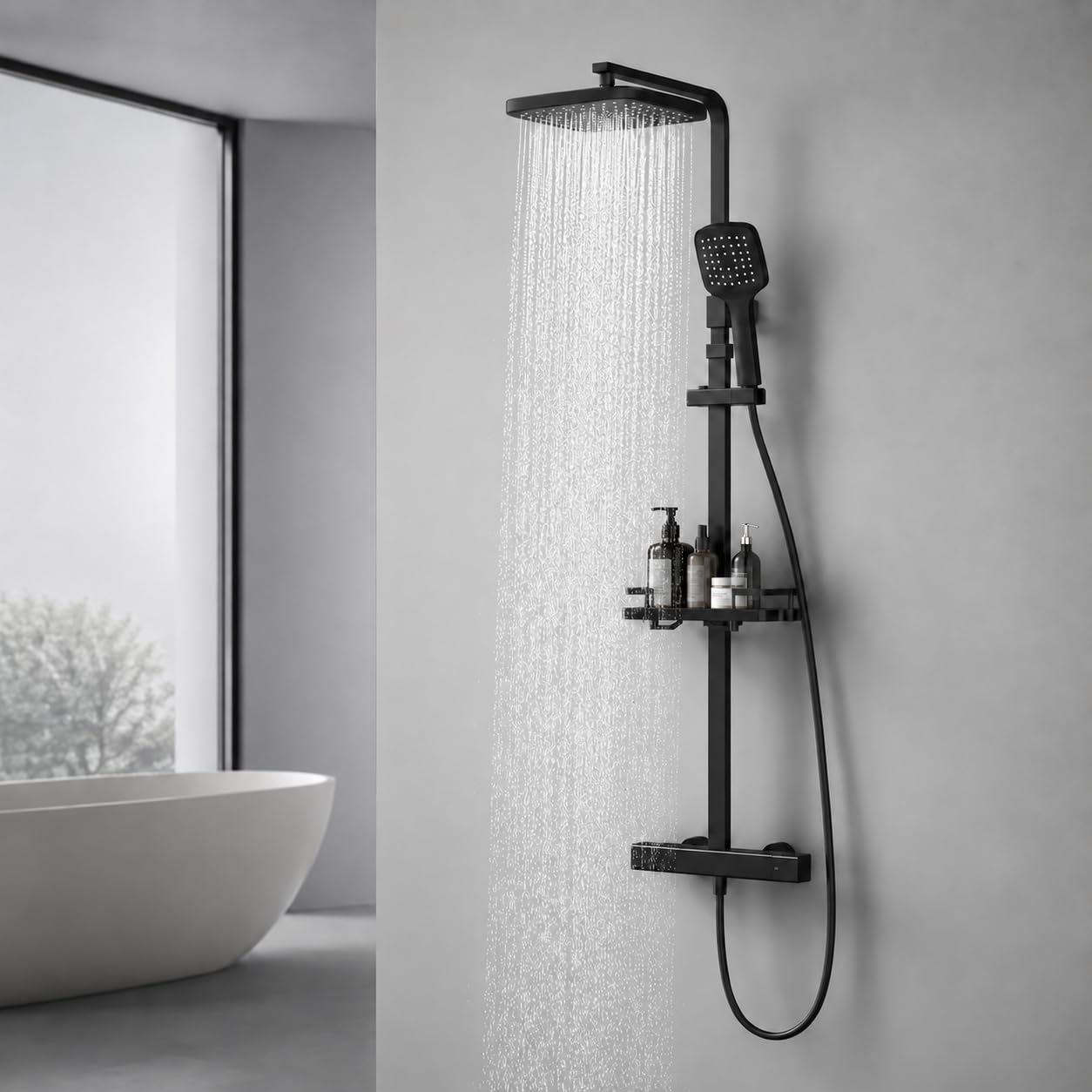 HOMELODY Duschsystem mit Thermostat & Duschablage Schwarz - Duscharmatur Komplettset mit Handbrause & Kopfbrause - Höhenverstellbar, 38 °C Sicherheitssperre, Wandmontage für modernes Badezimmer