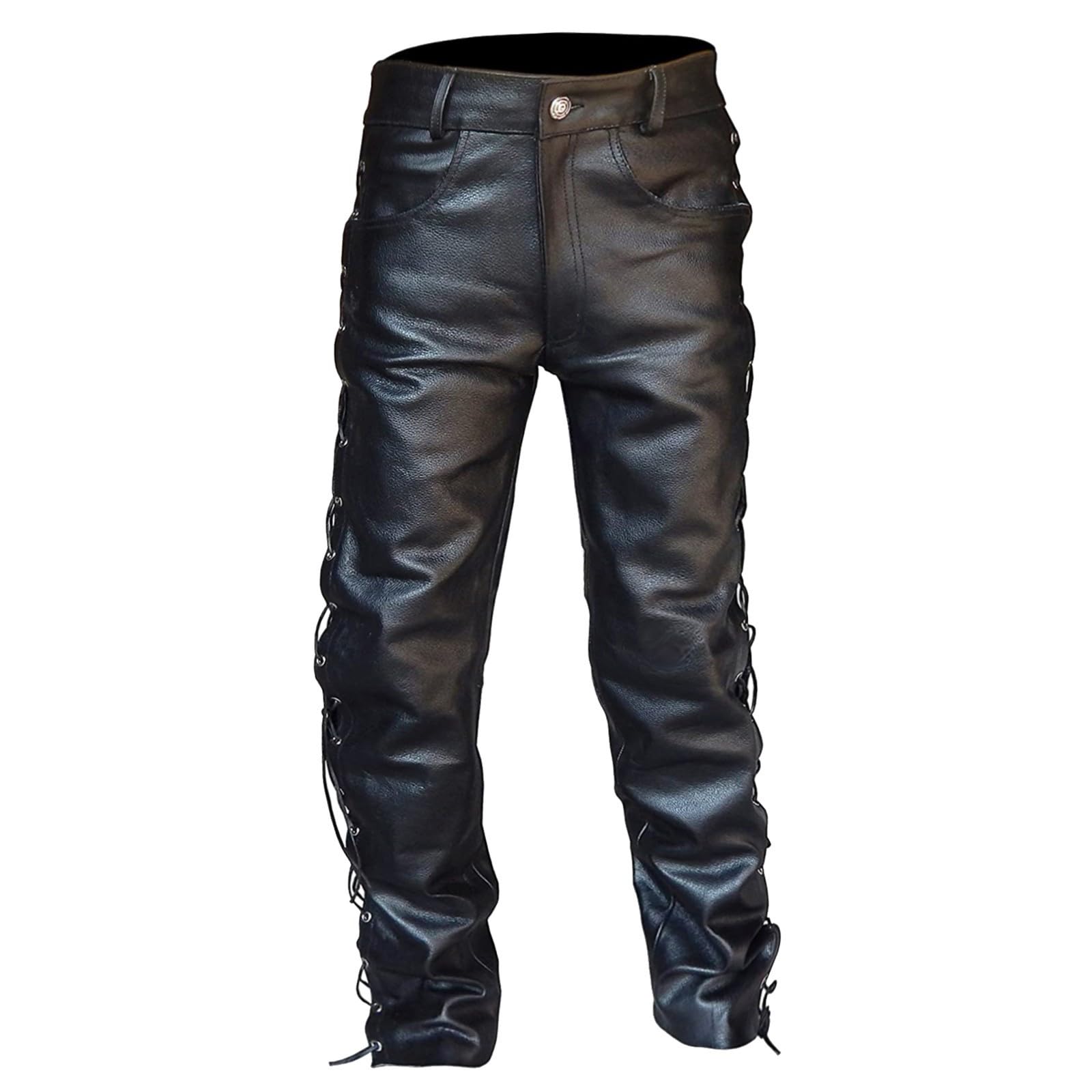 Schnürlederhose mit seitlich Schnürung- Biker Lederhose Herren Damen Bikerjeans -Schnür Lederjeans Motorrad Schnürjeans Schnürhose Leder Schwarz Motorradhose - Bikerhose