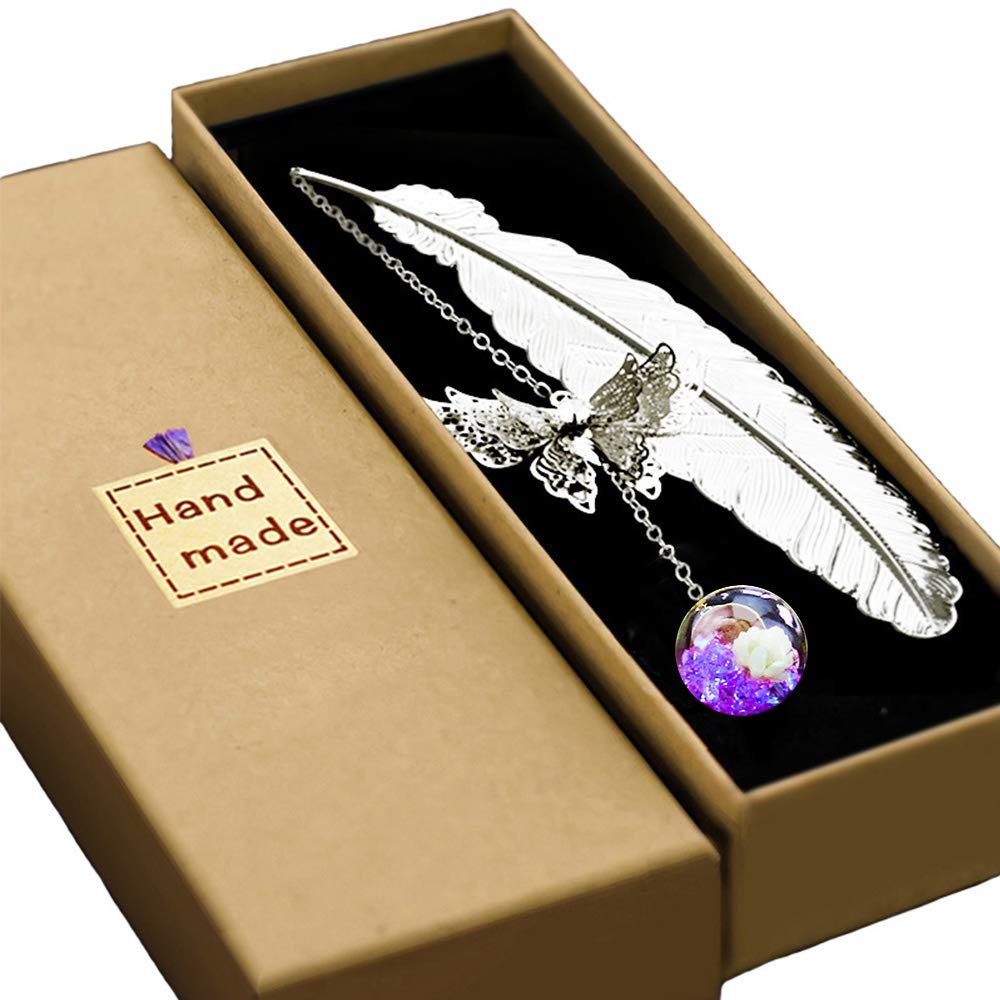 KonrisaSilver Feather Bookmark for Women Girls Kids Avid Reader Gift Personalized Bookmarks with 3D Butterfly Pendants Creative Bookmarks Reading Book Lover Gift