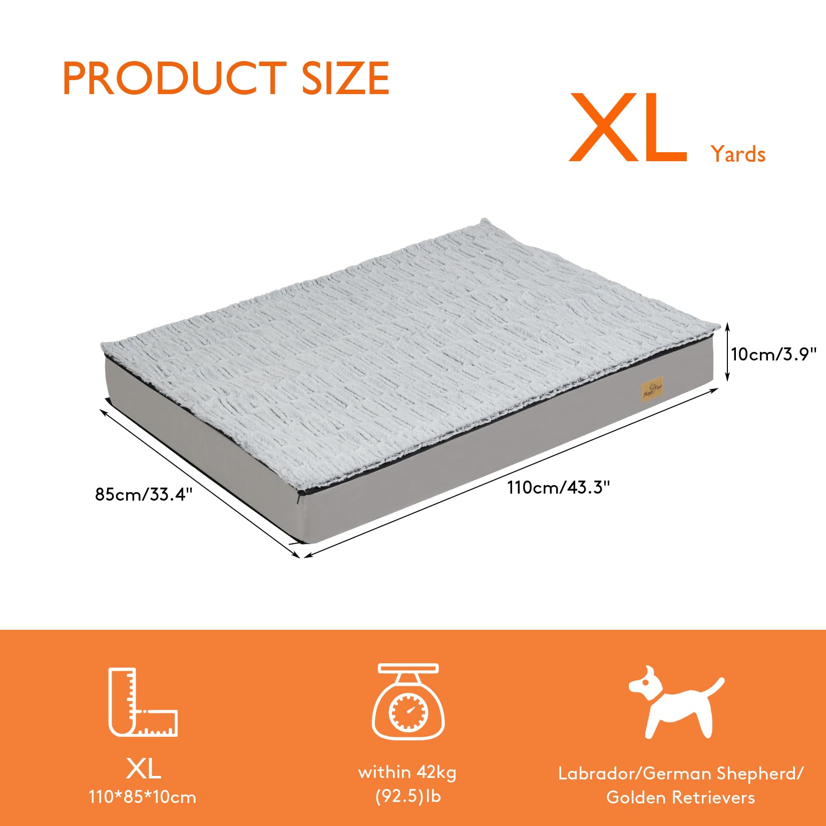 BingoPaw Cama Perro Grande: Colchon Perro Desenfundable 110x85cm Cama para Perros con Espuma Ortopedica y Funda con Revestimiento Impermeable Lavable Gris XL