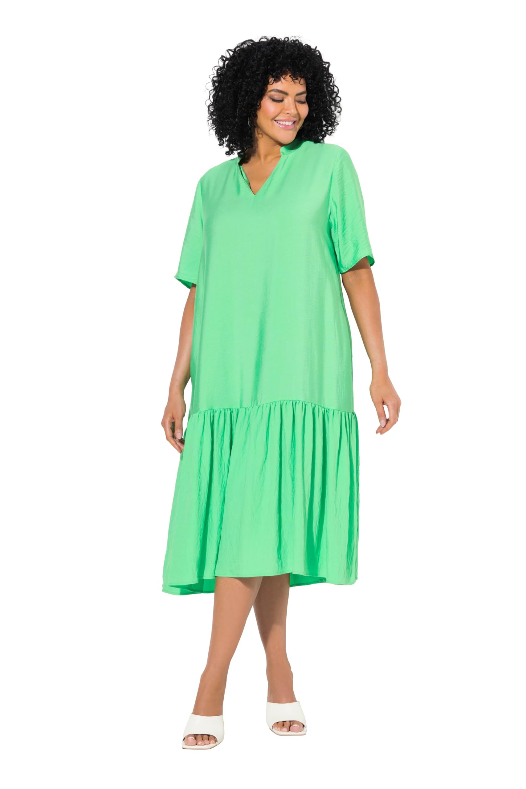 Ulla Popken Damen große Größen Übergrößen Plus Size Midikleid, Volantsaum, A-Linie, V-Ausschnitt, Halbarm 840367