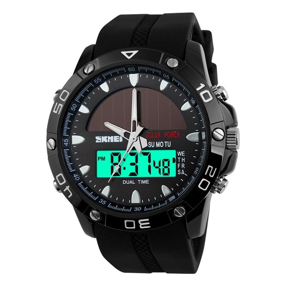 TONSHENMens LED Sports Digital Watch Outdoors Multifunction Military Stopwatch Date 50M Waterproof Watches Stainless Steel Case with Comfortable Silicone Strap Dual Time Solar Wrist Watch - Black