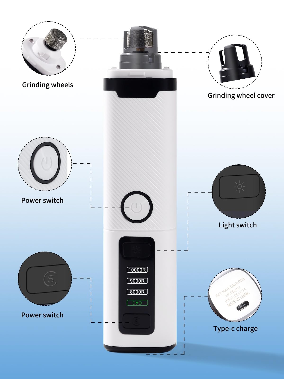 Molinillo de uñas para perros, cortador eléctrico de uñas de 3 velocidades con luces LED, molinillo de uñas recargable para perros pequeños, medianos y grandes (blanco)