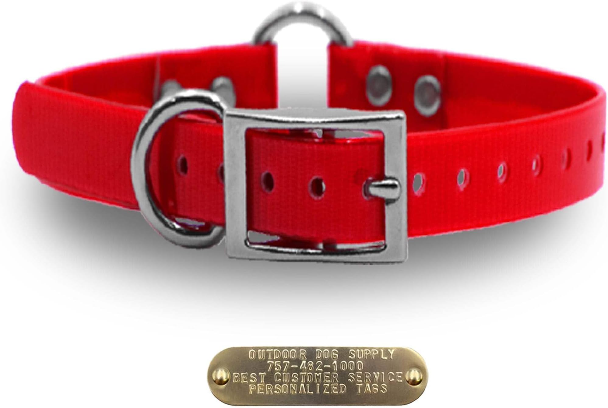 1" Heavy Duty Waterproof D-Ring & Center O-Ring Dog Collar for Medium & Large Dogs | Custom 3/4" Brass Nameplate (Red, 21")