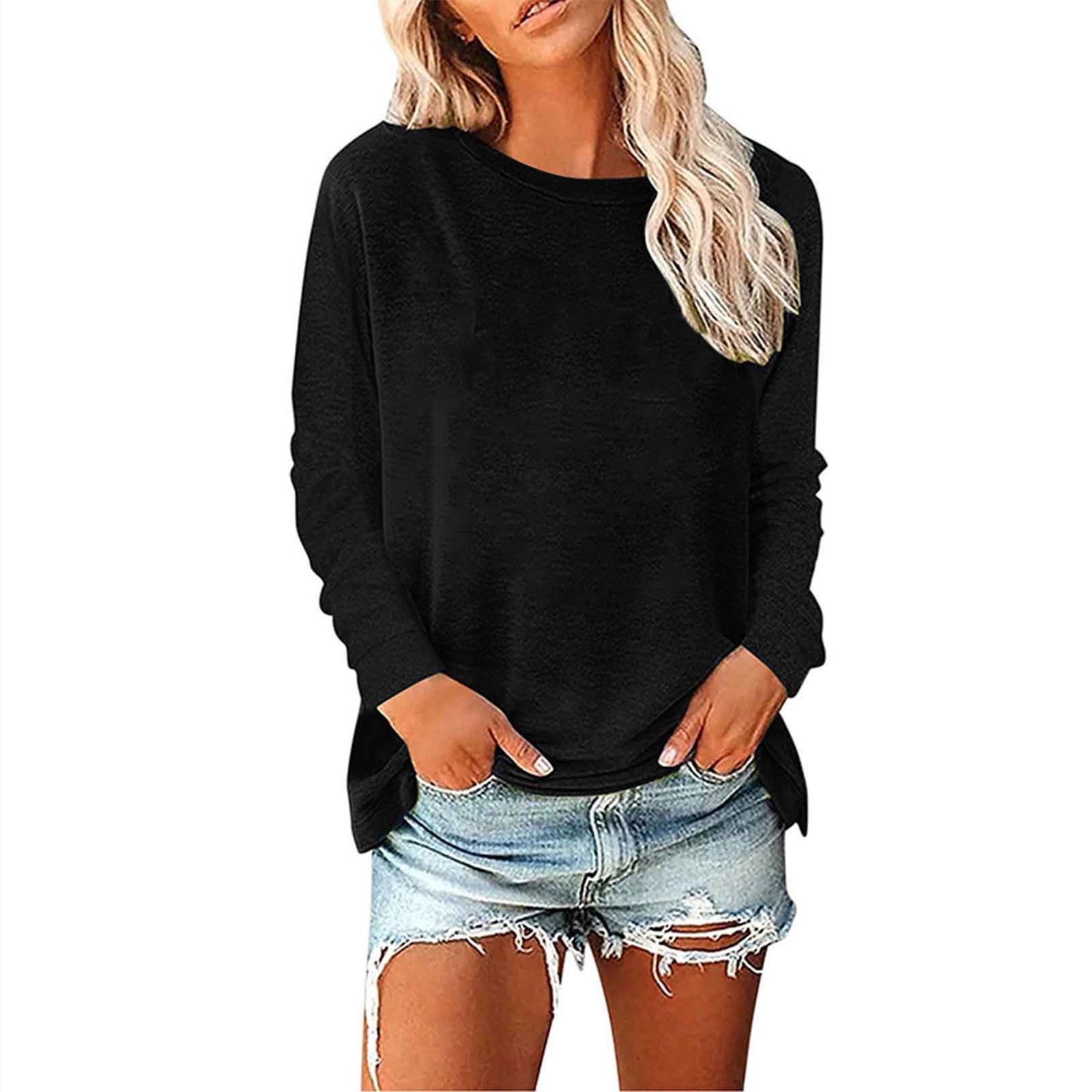 Women's Tunic Tops 2023 Trendy Raglan Long Sleeves T-Shirts Solid Color/Christmas Graphic Tees Sweatshirts Pullover