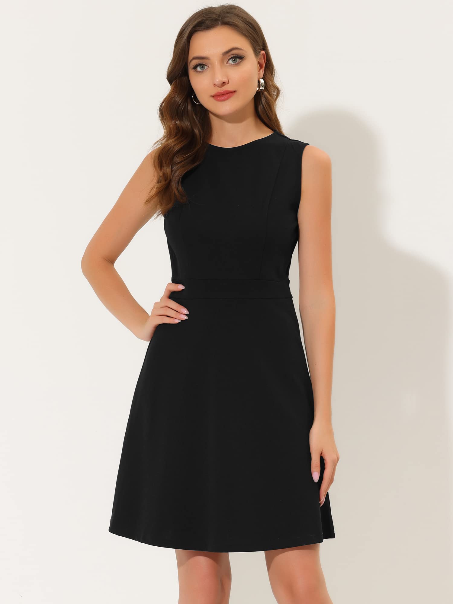Allegra K Damen-Arbeitskleid, Rundhalsausschnitt, einfarbig, ärmellos, A-Linie, lässig, Bürokleid, Schwarz, Mittel