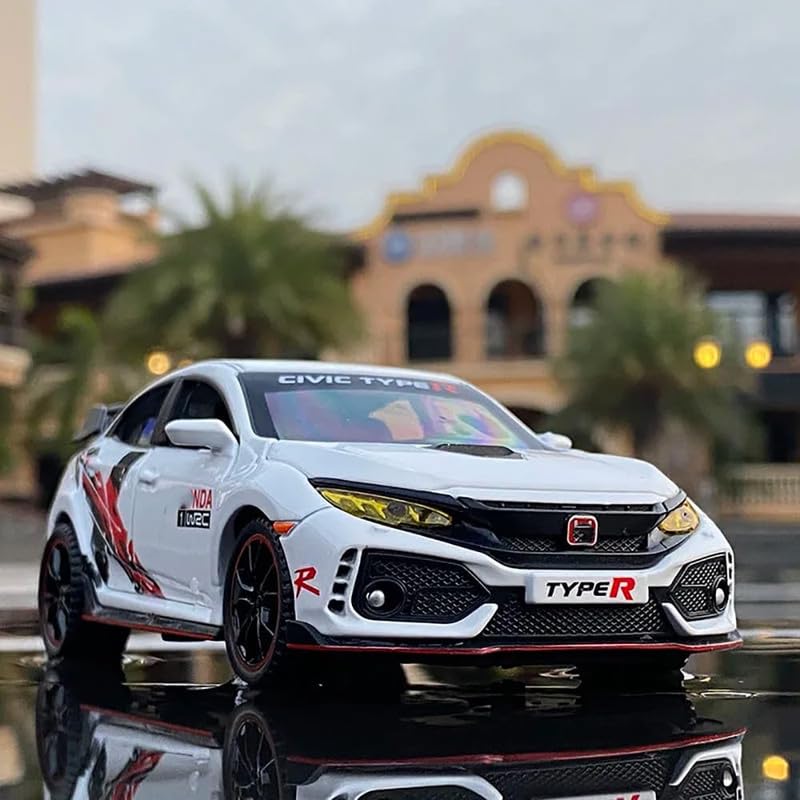 Image of PINQUE Kids New Car 1:32 Civic Type R Diecast Alloy Metal Pull Back Car with Openable Doors Music Sound and Light Vehicle Toy Car for Boys (White)