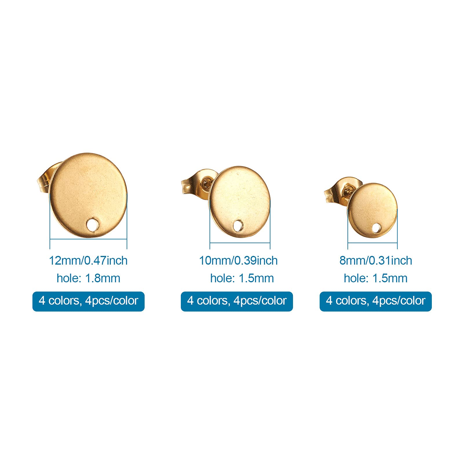 PandaHall - 48 orecchini a perno in acciaio INOX, 4 colori, 8 mm, 10 mm, 12 mm, piatti e rotondi, ipoallergenici, con chiusura a farfalla, per la