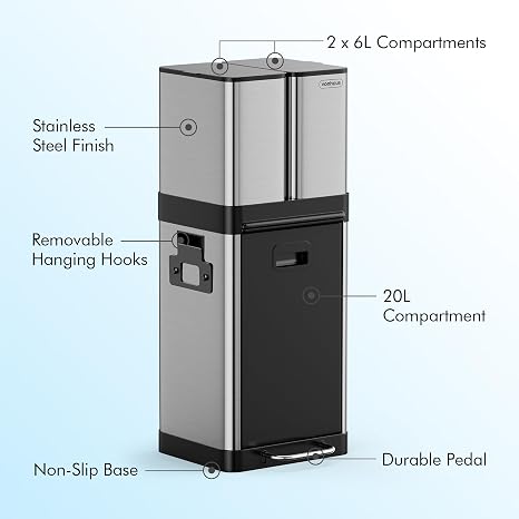 VonHaus Kitchen Triple Bin, 32L Vertical Recycling Bin, Stainless Steel Three Section Food Waste Separation System, 1 x 20L Main Compartment & 2 Removable 6L Counter Top Caddies, Narrow Trash Can | Three Section Food Waste Separation System, 1 x 20L Main Compartment & 2 Removable 6L Counter Top Caddies, Narrow Trash Can