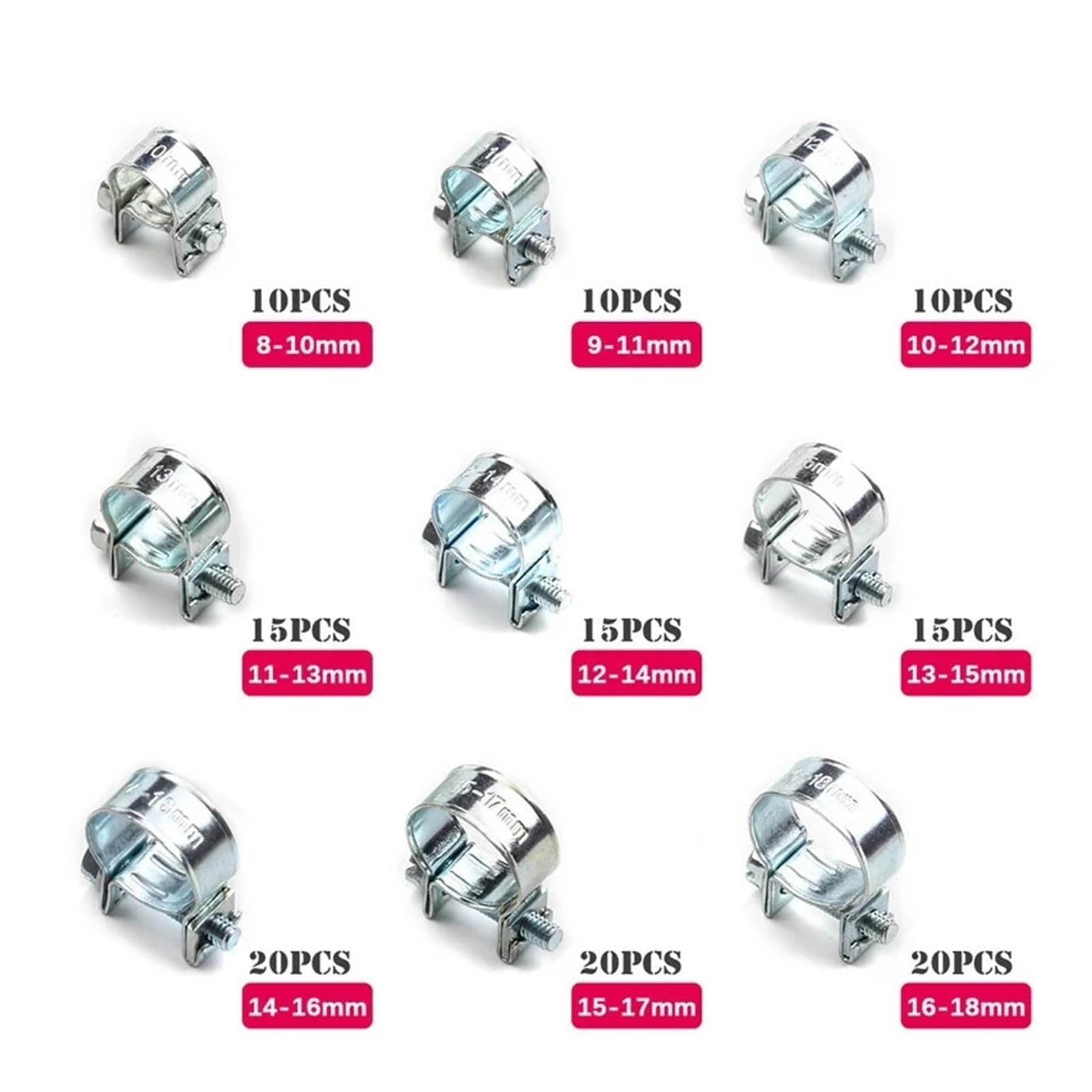 Generisch 135/60 Stück Schlauchschellen Doppelohrschellen 8–18 mm Schneckengetriebe Kraftstoff-Wasserschlauchschellen Clips Schlauch-Kraftstoffschellen Sortimentssatz(60pcs)