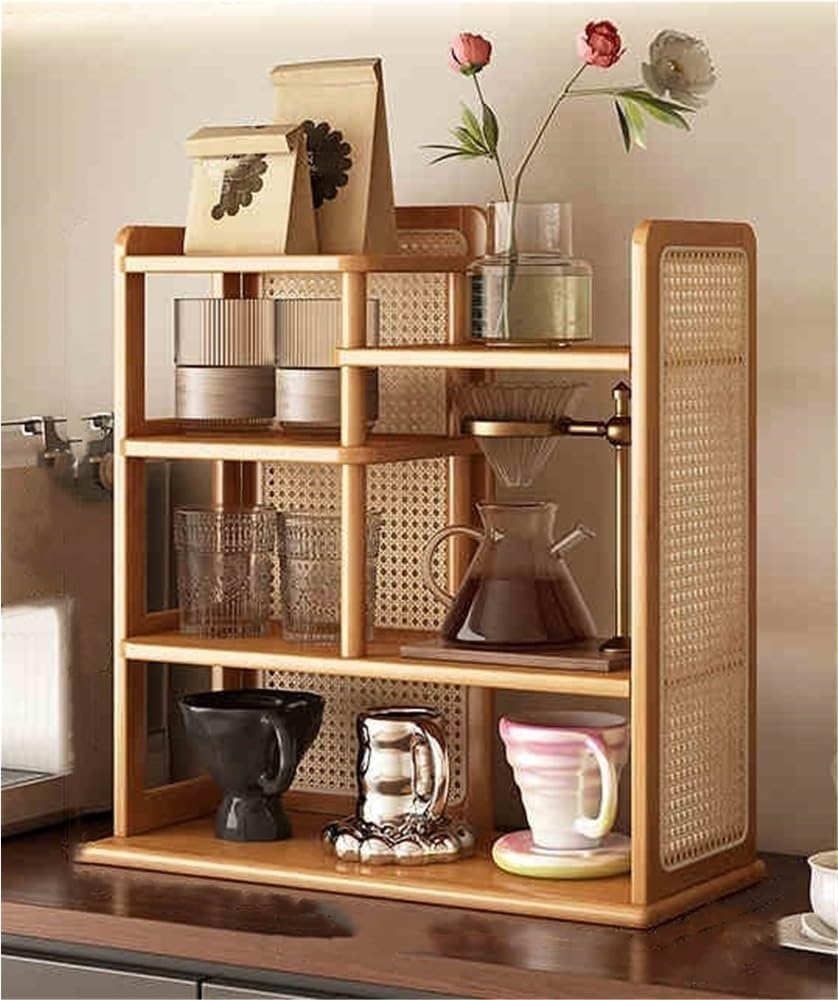 Generisch Tassenhalter, mehrstöckiges Kaffeetassenregal aus Rattan & Teetassenhalter aus Bambus – rustikaler Aufbewahrungsschrank für Wohnzimmer, Küche & Wohnaccessoires – Organizer im Vintage-Stil