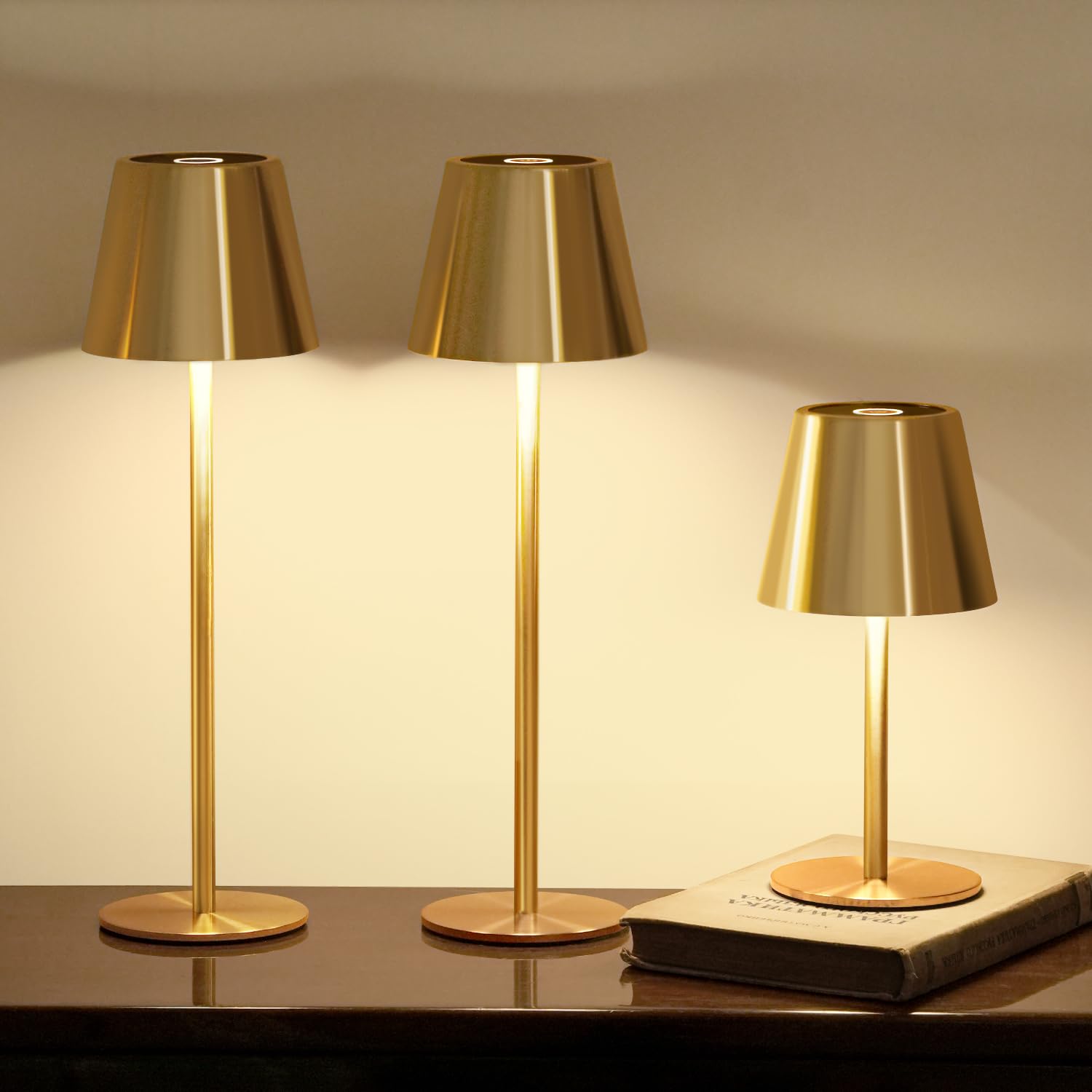 Photo 1 of keysays 3 Pack Cordless Table Lamp, Portable Battery Operated Lamp with 3 Color Temps and Stepless Dimming, Rechargeable Table Lamp for Dinner, Desk, Cafe, Outdoor (Brushed Gold)
