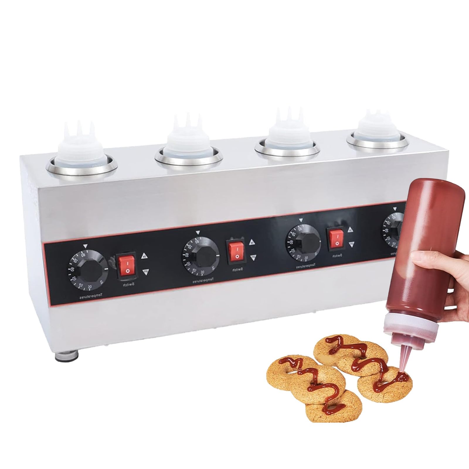 ASerZenith Commercial Electric Sauce And Dispenser For Cheese And Hot Chocolate, Adjustable Temperature 86-185℉, Includes Bottles,4Bottle